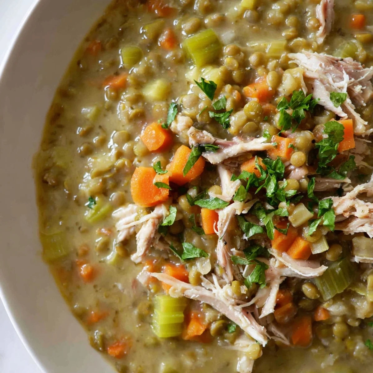 A warm bowl of Green Split Pea Soup with Smoked Turkey, garnished with fresh parsley.