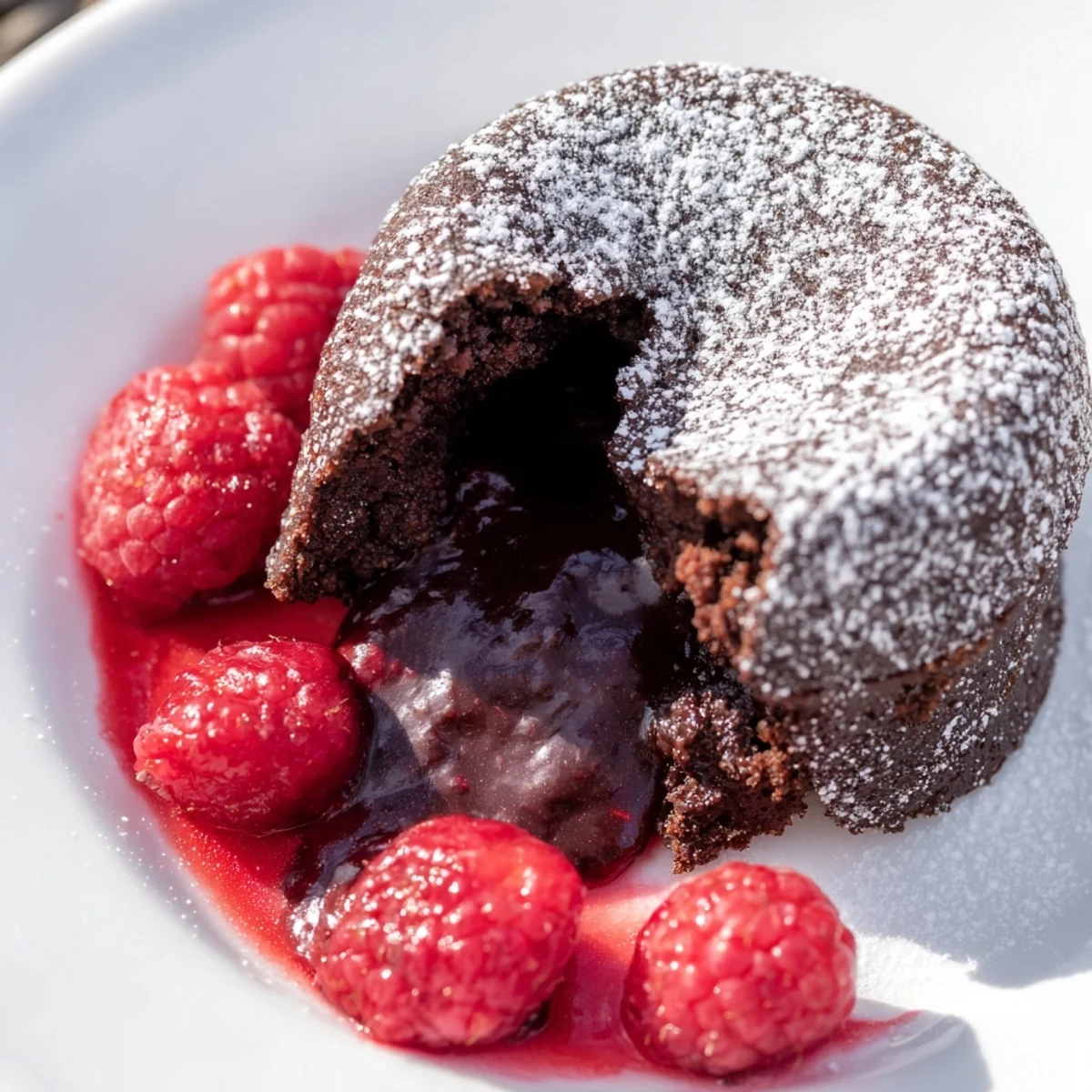 Warm Chocolate Lava Cakes with Raspberry Sauce plated with fresh berries and a dusting of powdered sugar.