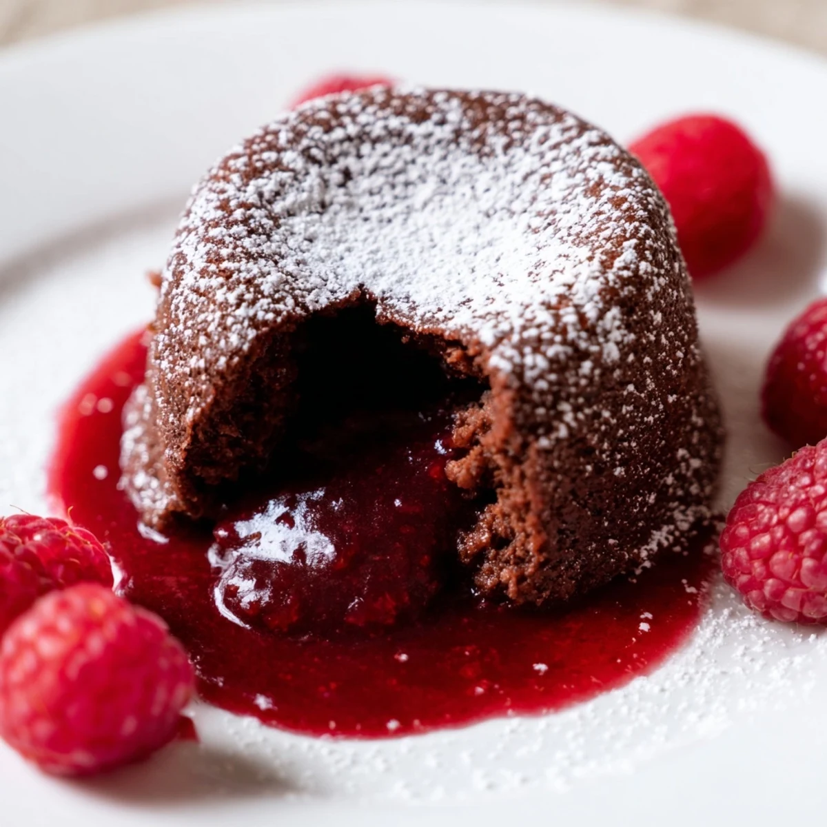 Rich Chocolate Lava Cakes with Raspberry Sauce being cut open to reveal the gooey molten center.