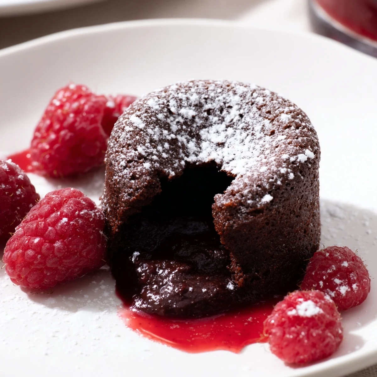Decadent Chocolate Lava Cakes with Raspberry Sauce served alongside a scoop of vanilla ice cream.