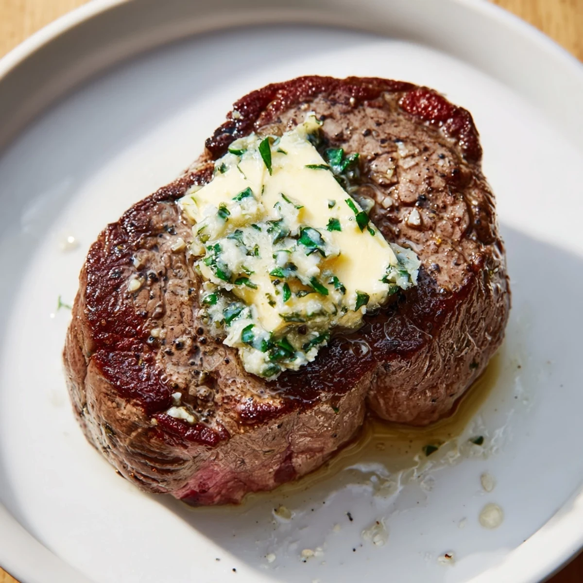 Thick filet mignon steaks sizzling in a hot cast iron skillet next to a golden garlic herb butter log.