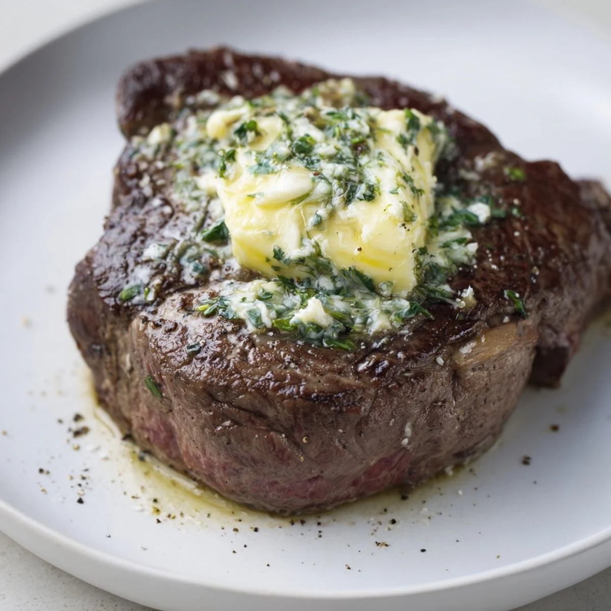 Elegant plated Romantic Filet Mignon with garlic herb butter melting over the meat, served with asparagus and red wine.