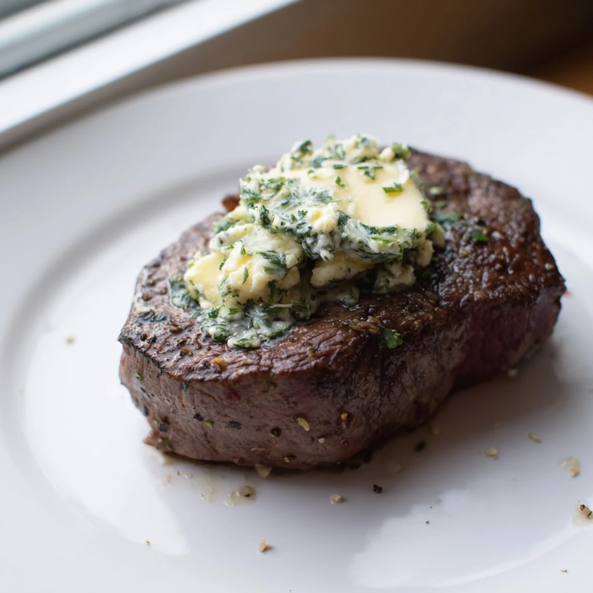 Close-up of juicy, medium-rare filet mignon topped with fresh herb butter and a lemon zest garnish on a rustic plate.
