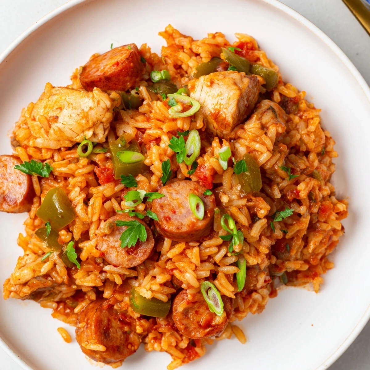 Golden-brown Creole Jambalaya with Chicken and Halal Sausage steams next to a glass of iced tea.