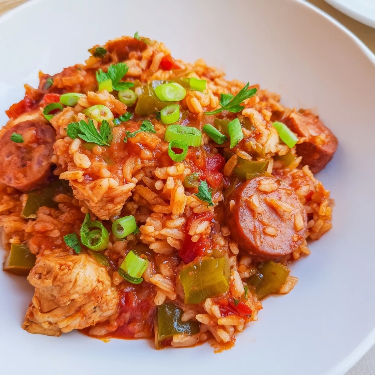 Tender chicken and smoky sausage pieces glisten in a spicy tomato sauce with bell peppers.
