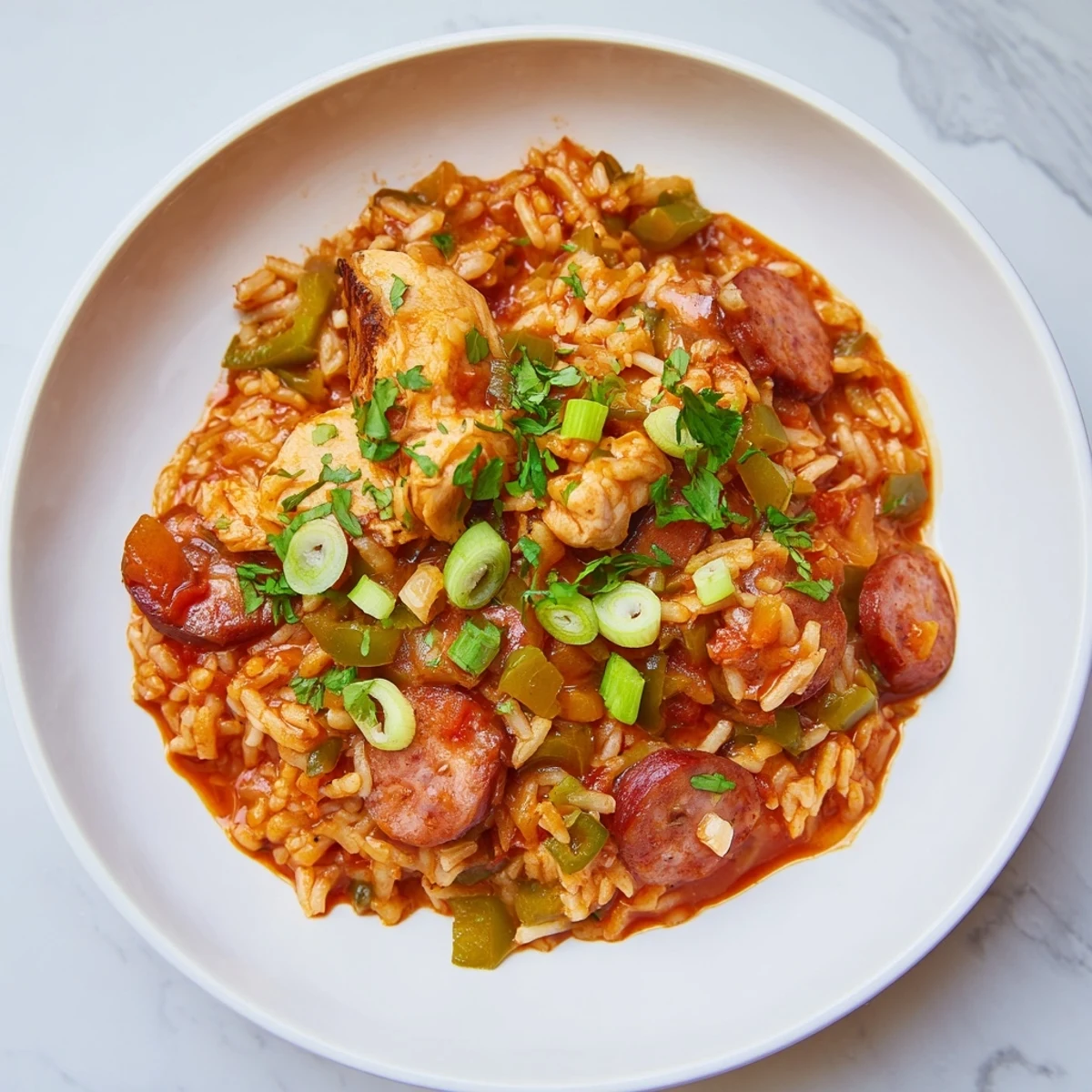 A hearty, one-pot Creole Jambalaya with Chicken and Halal Sausage ready for a family dinner.