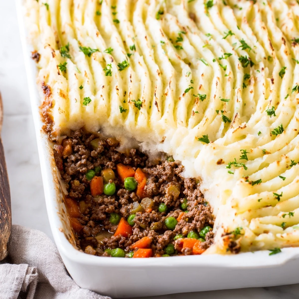 Fresh parsley garnish crowns a rustic St. Patricks Day Shepherds Pie with Lamb, served hot from the oven alongside Irish soda bread.