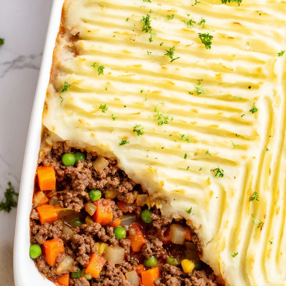 Golden brown mashed potatoes with fork marks cover a deep-dish St. Patricks Day Shepherds Pie with Lamb, bubbling with savory filling.