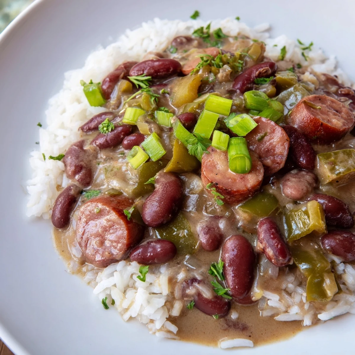 Louisiana Style Red Beans and Rice simmered in a rich, smoky broth with andouille sausage and fluffy white rice.