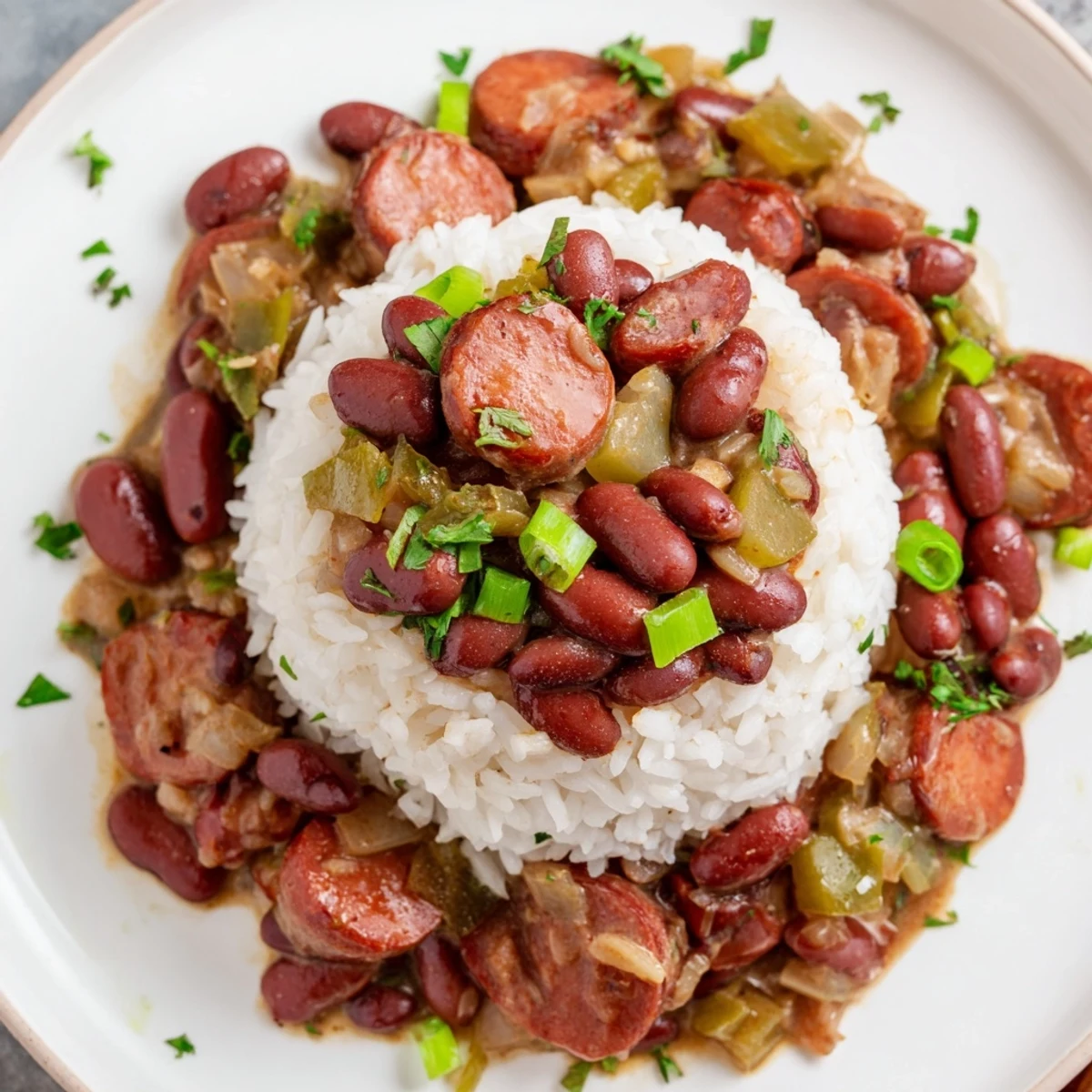 A comforting bowl of Louisiana Style Red Beans and Rice garnished with fresh parsley and sliced green onions.