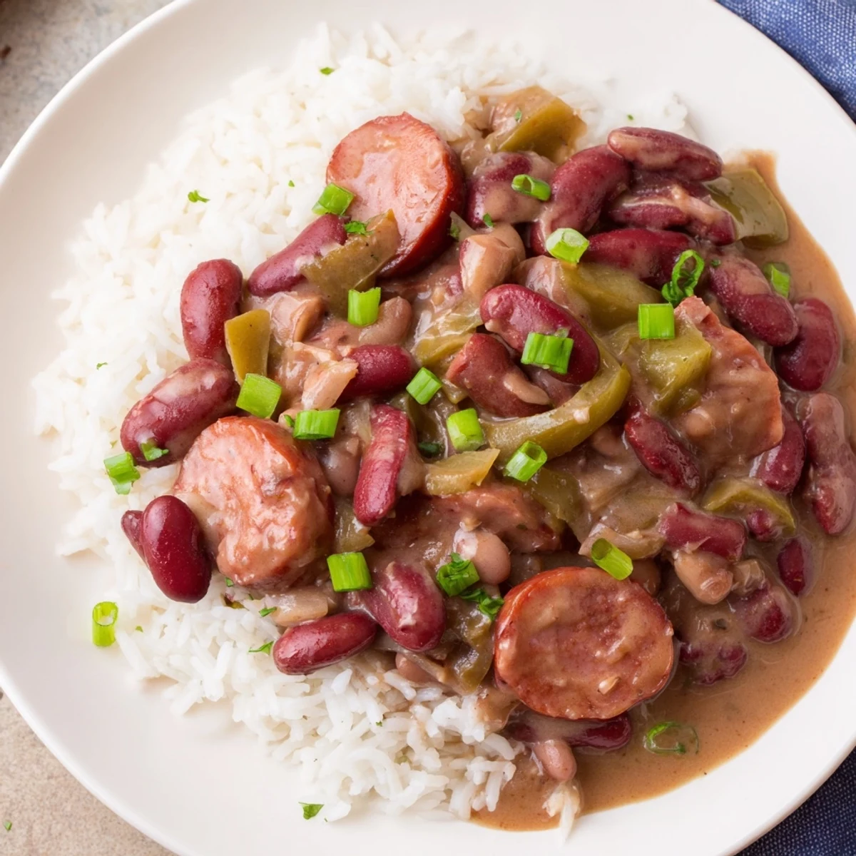 Hearty Louisiana Style Red Beans and Rice served on white rice with extra hot sauce on the side.