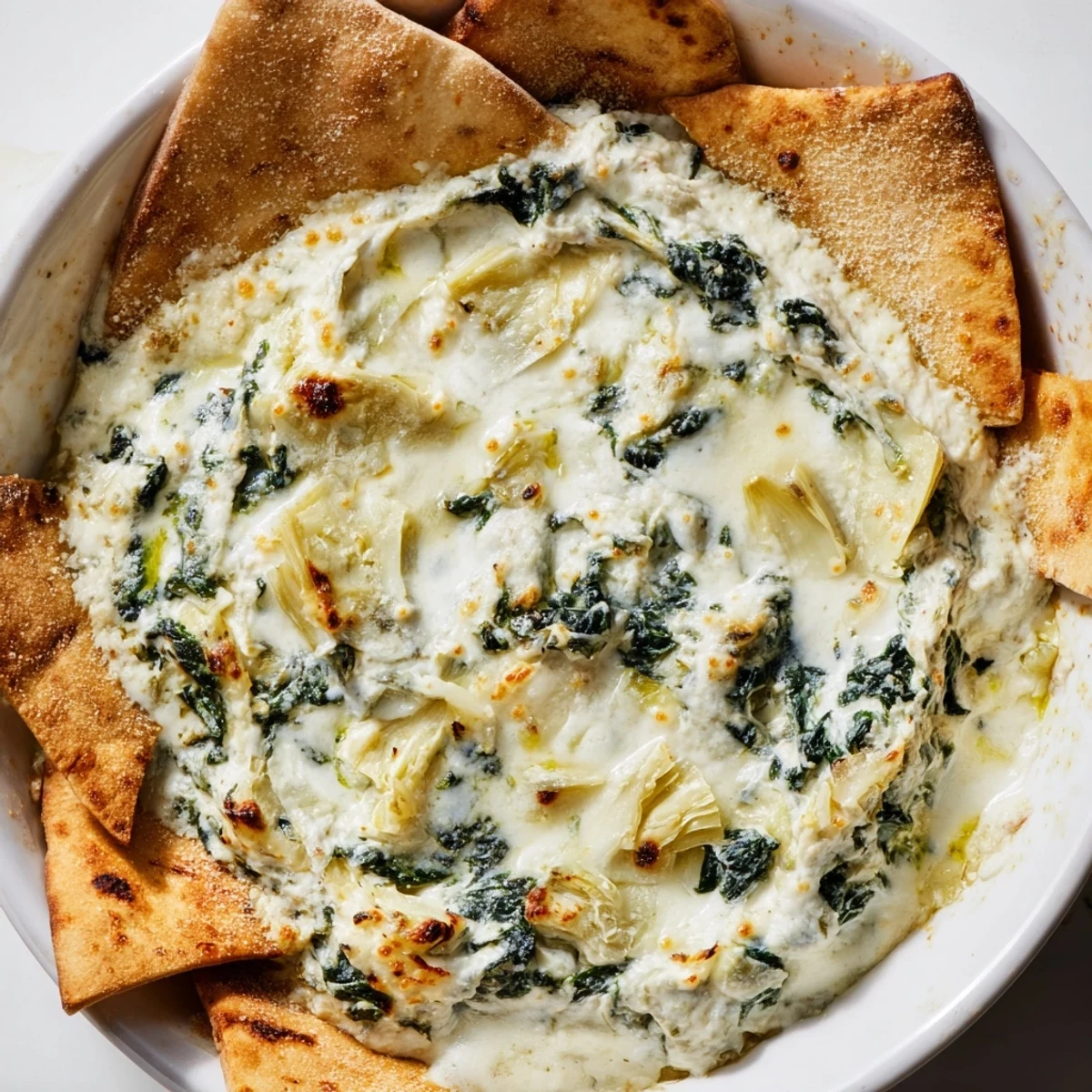 Fresh, hot Super Bowl Spinach and Artichoke Dip bubbles from a baking dish beside crisp, golden toasted pita wedges ready for dipping.