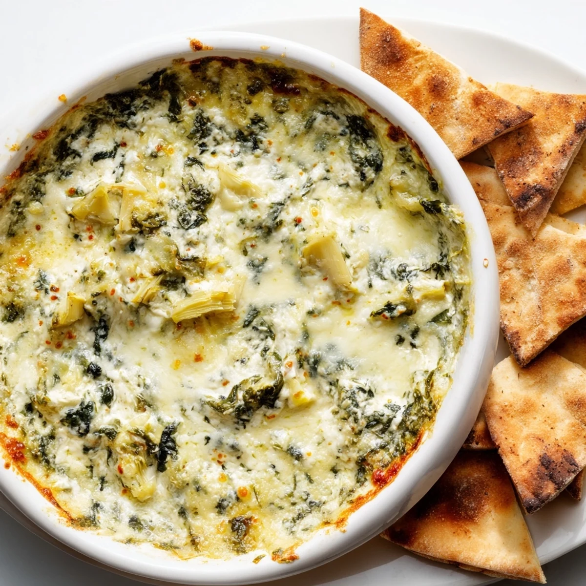 Serve the Super Bowl Spinach and Artichoke Dip warm with crunchy pita wedges, perfect for game day parties and gatherings.