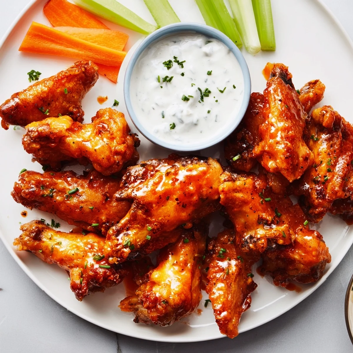 Golden-brown Touchdown Spicy Wings with Ranch glistening with buttery hot sauce on a platter with fresh celery sticks.