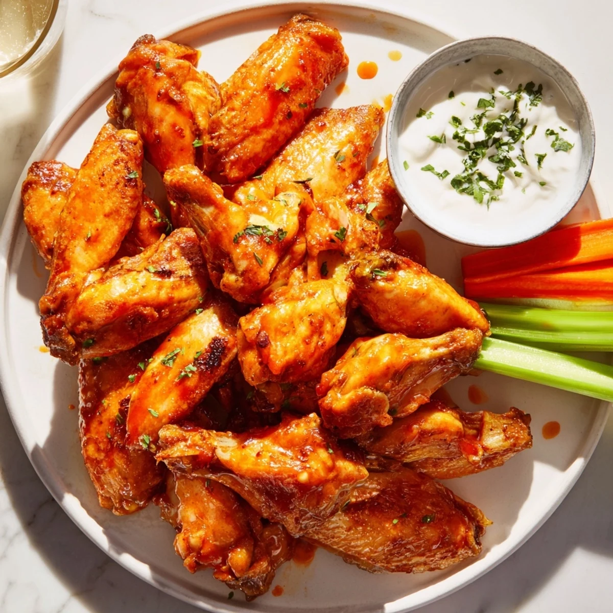 A platter of Touchdown Spicy Wings with Ranch dip and crunchy carrot sticks, perfect for game day snacking.