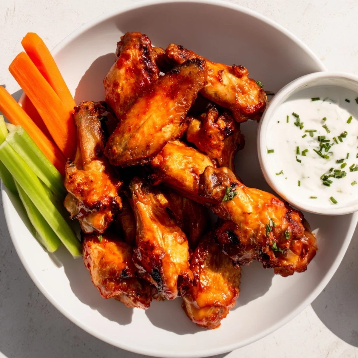 Freshly baked Touchdown Spicy Wings with Ranch served alongside a creamy dip and crisp vegetable sticks for sharing.