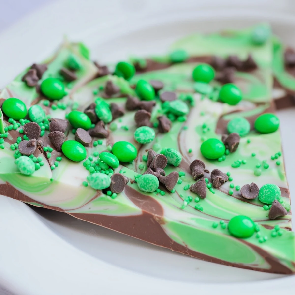 Whole St. Patrick's Day Mint Chocolate Bark broken into festive green and chocolate shards. 