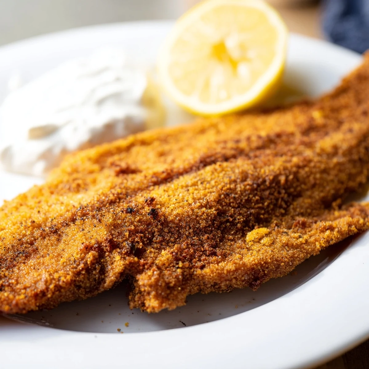 Golden brown Louisiana Style Fried Catfish fillets coated in seasoned cornmeal, served with lemon wedges.