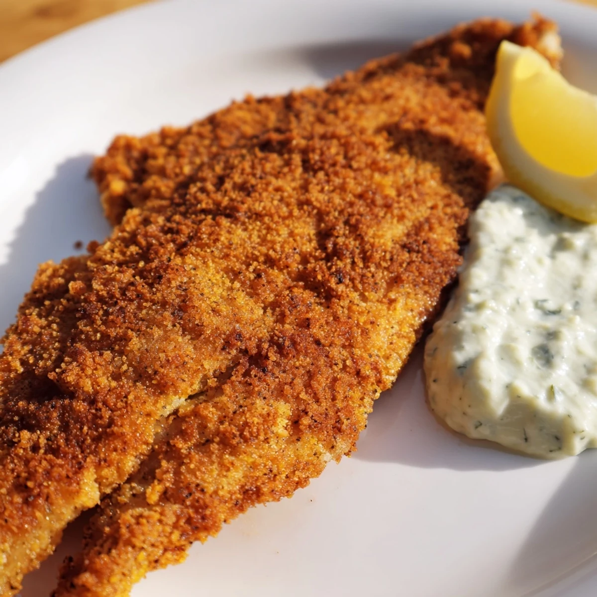 Crisp Cajun-spiced Louisiana Style Fried Catfish hot from the skillet, ready for tartar sauce on the side.