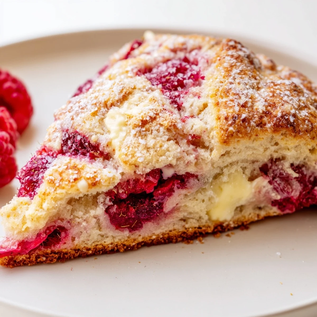 Freshly baked Raspberry White Chocolate Scones on a wooden board, showcasing flaky layers and melting white chocolate chips.