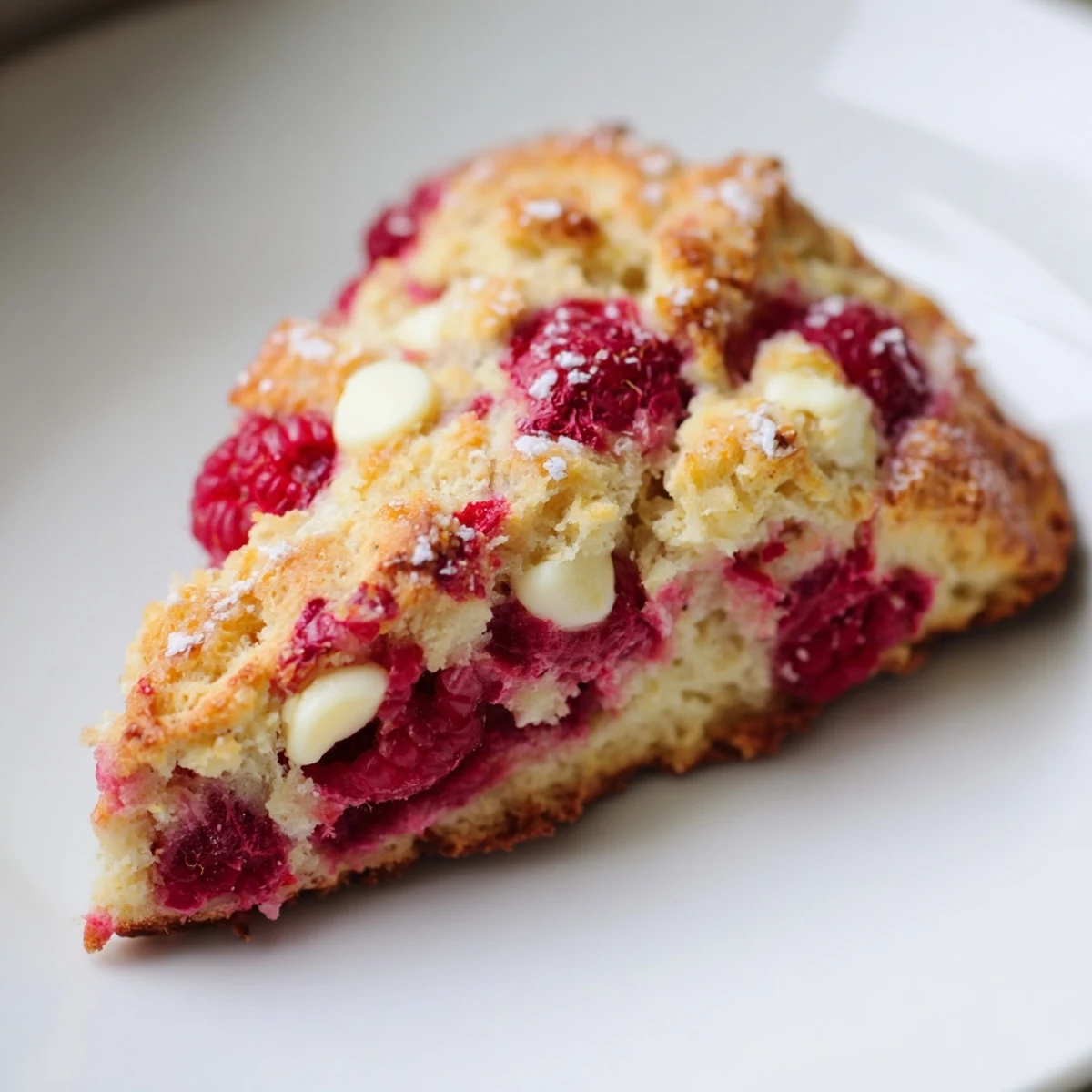 Golden-brown Raspberry White Chocolate Scones served warm on a plate, ready for a drizzle of glaze or clotted cream.
