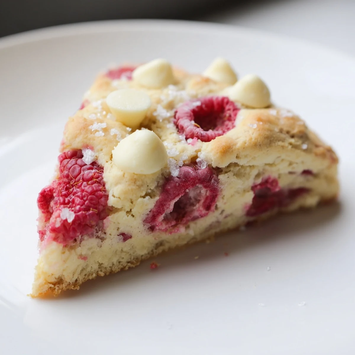 Close-up of a split Raspberry White Chocolate Scone revealing bright red raspberries and creamy white chocolate melting inside.