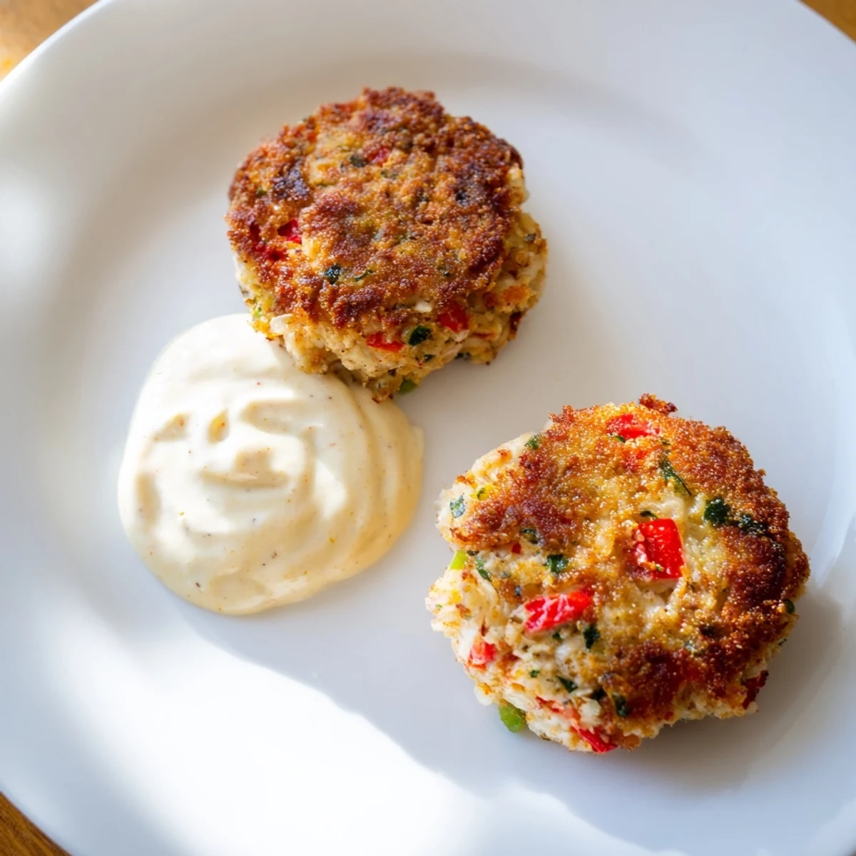 Crispy golden Cajun Crab Cakes with Remoulade Sauce rest on a white plate, garnished with fresh parsley and lemon wedges. 