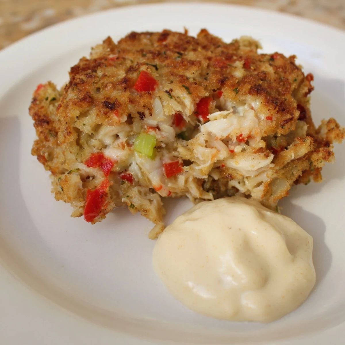 Two golden brown Cajun Crab Cakes with Remoulade Sauce are served atop a fresh green salad for a light meal. 