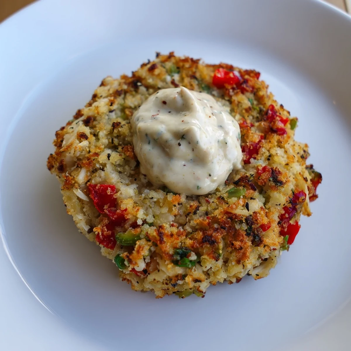A top-down view of golden Cajun Crab Cakes with Remoulade Sauce, featuring a small bowl of the tangy dipping sauce.