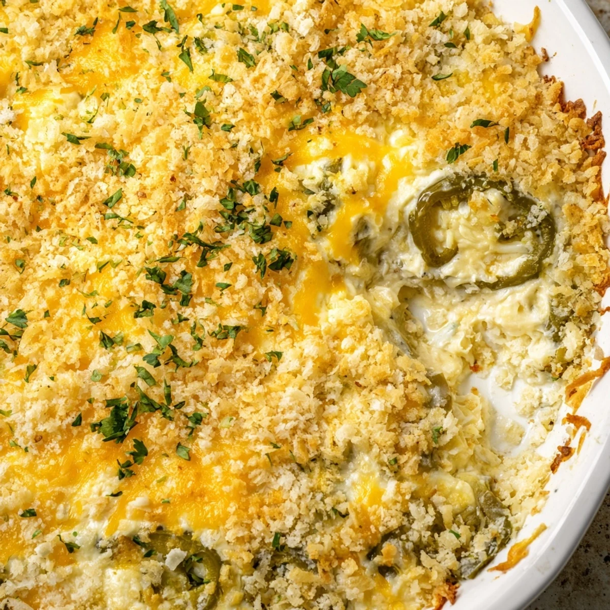 Golden-brown Super Bowl Jalapeño Popper Dip fresh from the oven, bubbling with melted cheddar and Monterey Jack cheese.