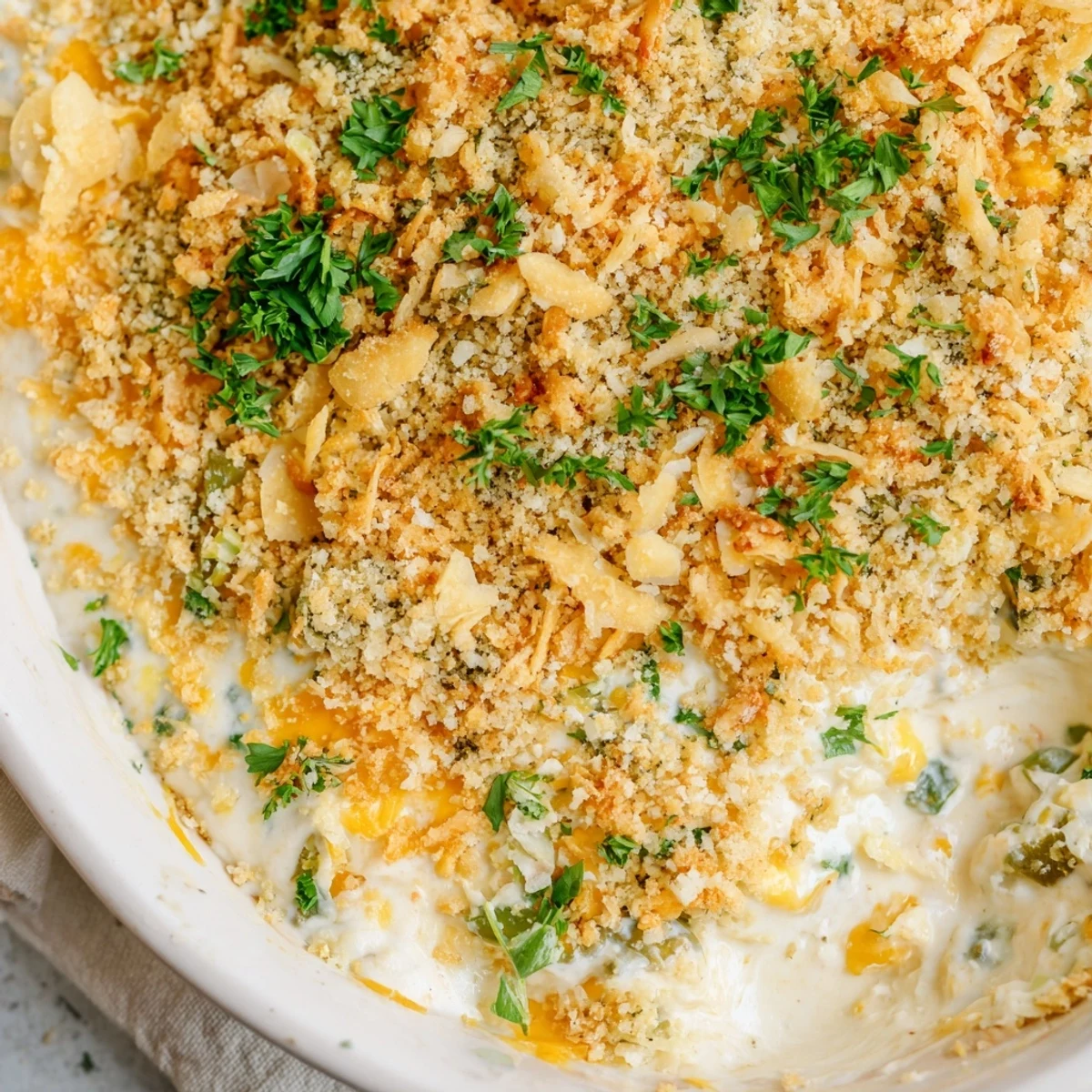 Spicy jalapeño popper dip topped with crisp Panko breadcrumbs, served warm with sturdy tortilla chips for dipping.