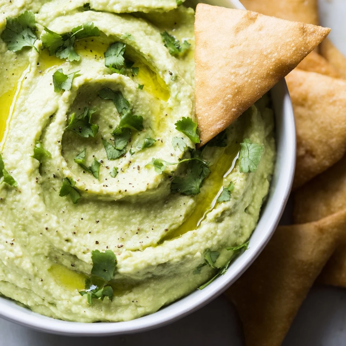 Fresh avocado hummus spread garnished with cilantro and olive oil, paired with crispy paprika-seasoned pita chips on the side.