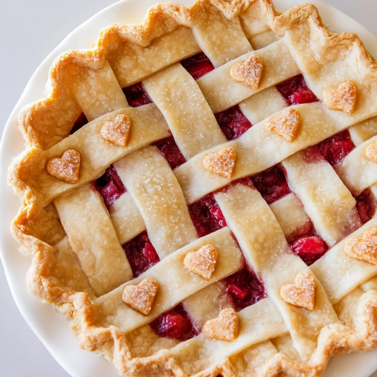 Homemade Sweetheart Cherry Pie cooling on a wire rack with heart-shaped dough cutouts decorating the woven pastry top.