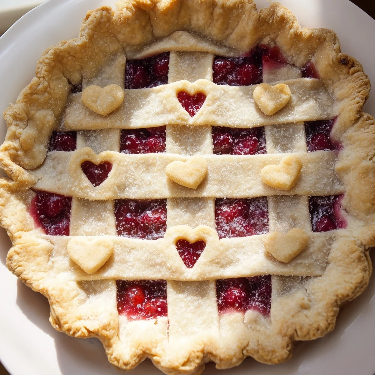 Freshly baked Sweetheart Cherry Pie with a golden lattice crust, oozing sweet-tart red cherry filling and dusted with coarse sugar.