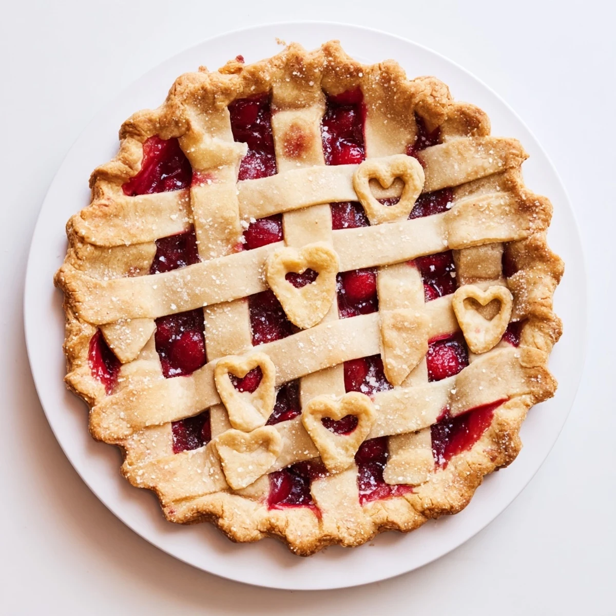 A slice of Sweetheart Cherry Pie served on a white plate with a scoop of melting vanilla ice cream.