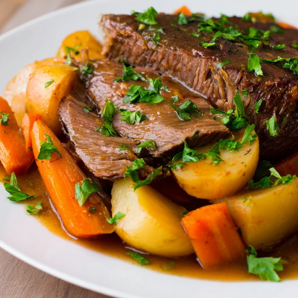 Close-up of Irish Beef Pot Roast with carrots, parsnips, and potatoes in a rich, glossy sauce.