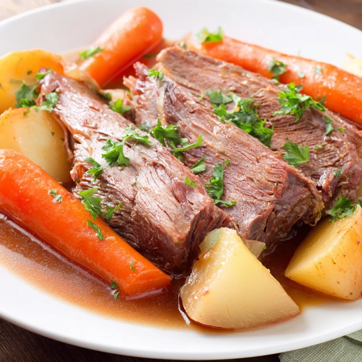 Tender slices of Irish Beef Pot Roast with root vegetables arranged on a platter, drizzled with savory broth.