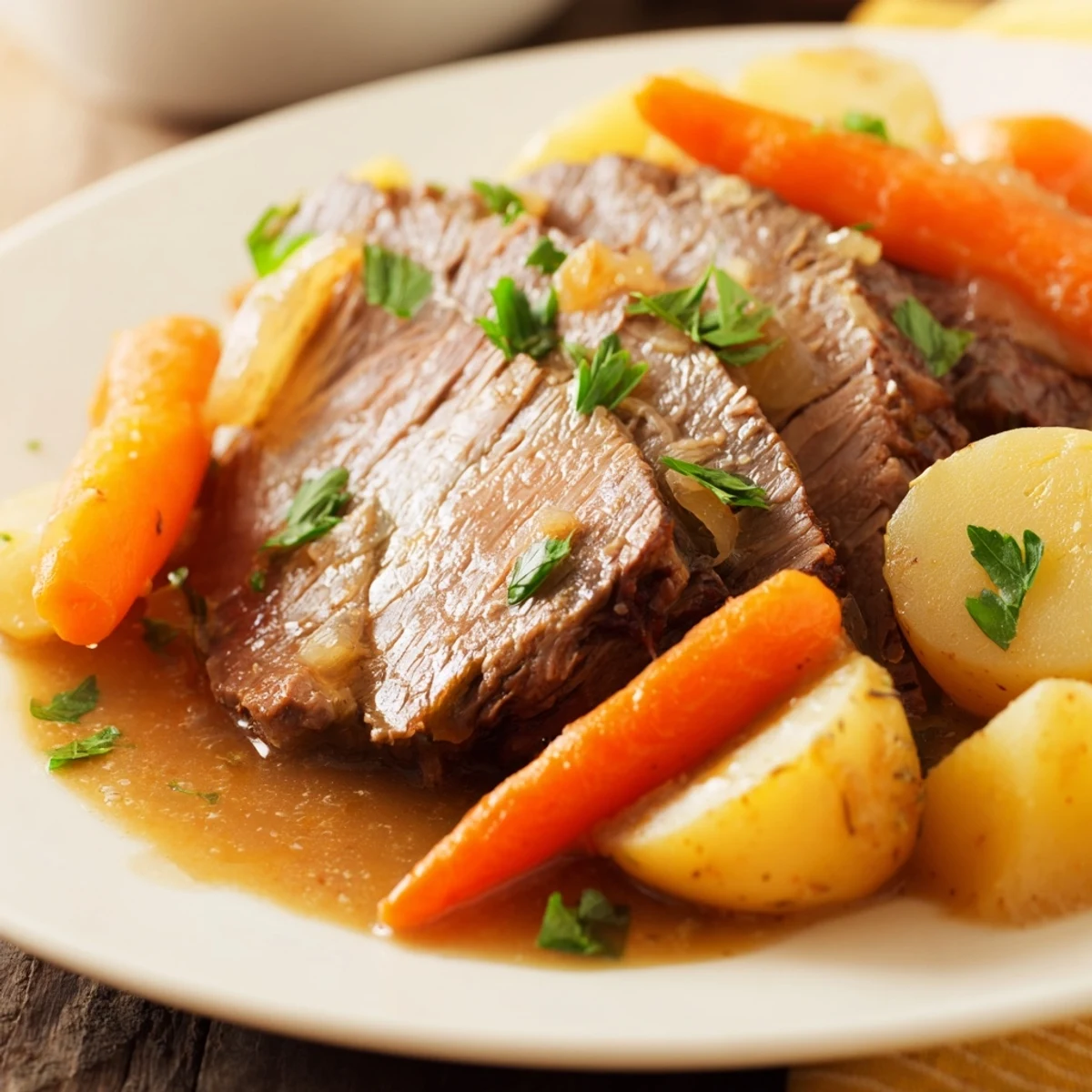 A rustic Dutch oven serving Irish Beef Pot Roast with chunky vegetables and fresh parsley garnish.