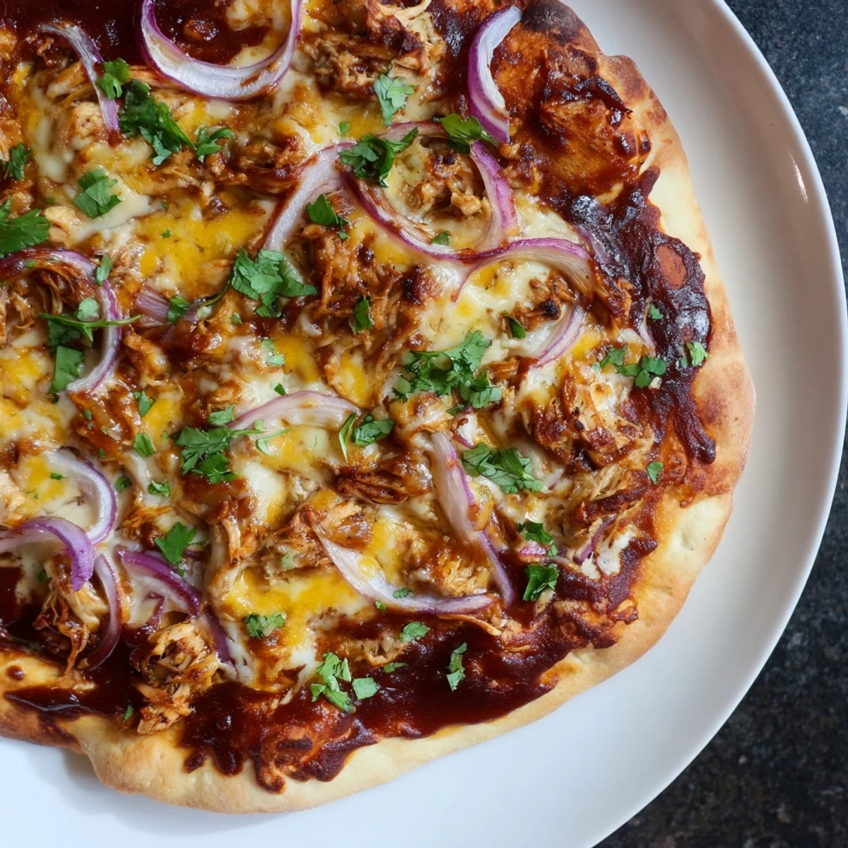 Golden-brown BBQ chicken pizza topped with melted mozzarella, smoky gouda, sweet red onion, and fresh cilantro on a rustic wooden board.  