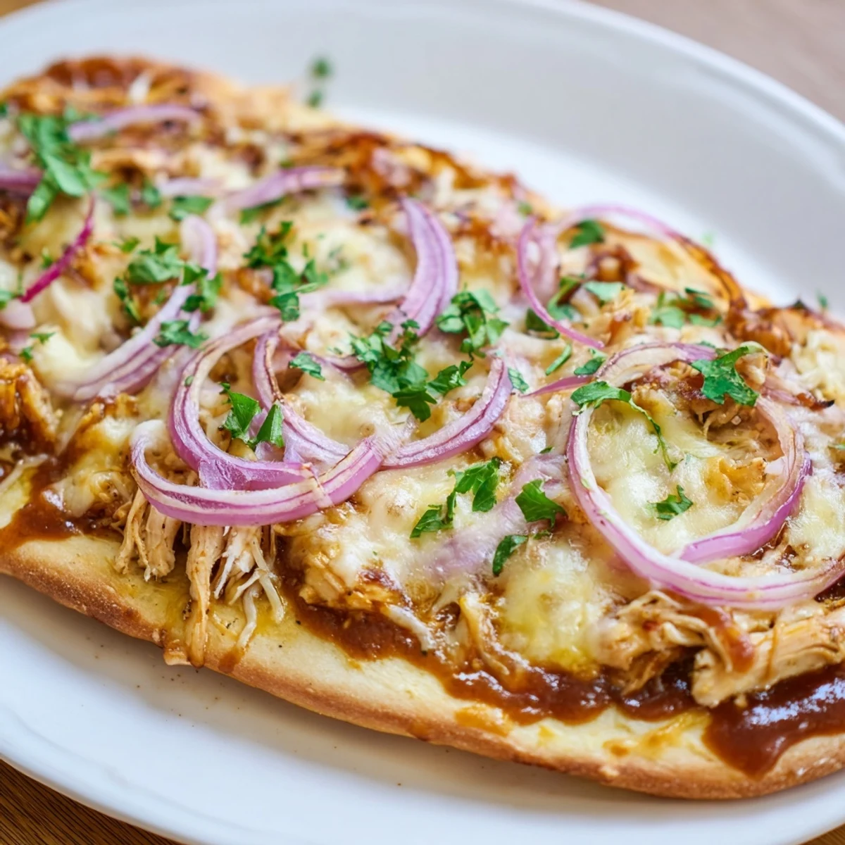 Slice of sizzling BBQ chicken pizza with red onion and cilantro lifted from the bubbling cheese, showcasing a crispy crust.  