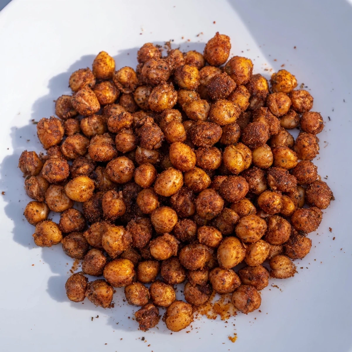 A bowl of Cajun Spiced Roasted Chickpeas glowing with paprika and cayenne, perfect for an easy, healthy snack.