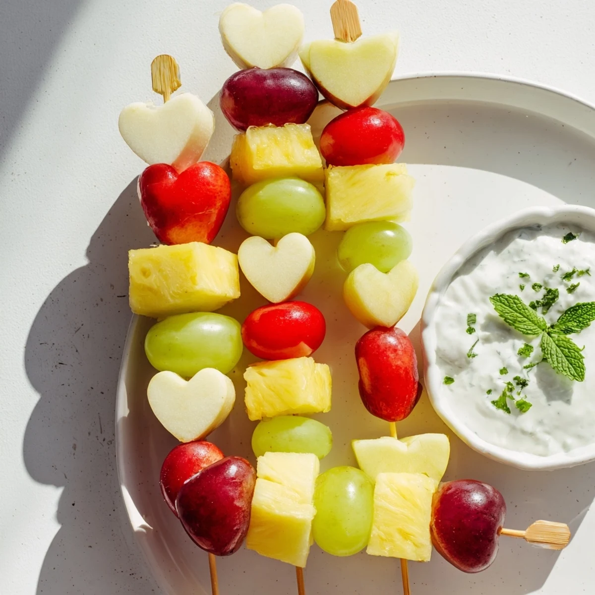 Freshly cut watermelon and strawberry hearts on skewers, paired with a creamy honey vanilla Greek yogurt dip, perfect for a healthy snack.