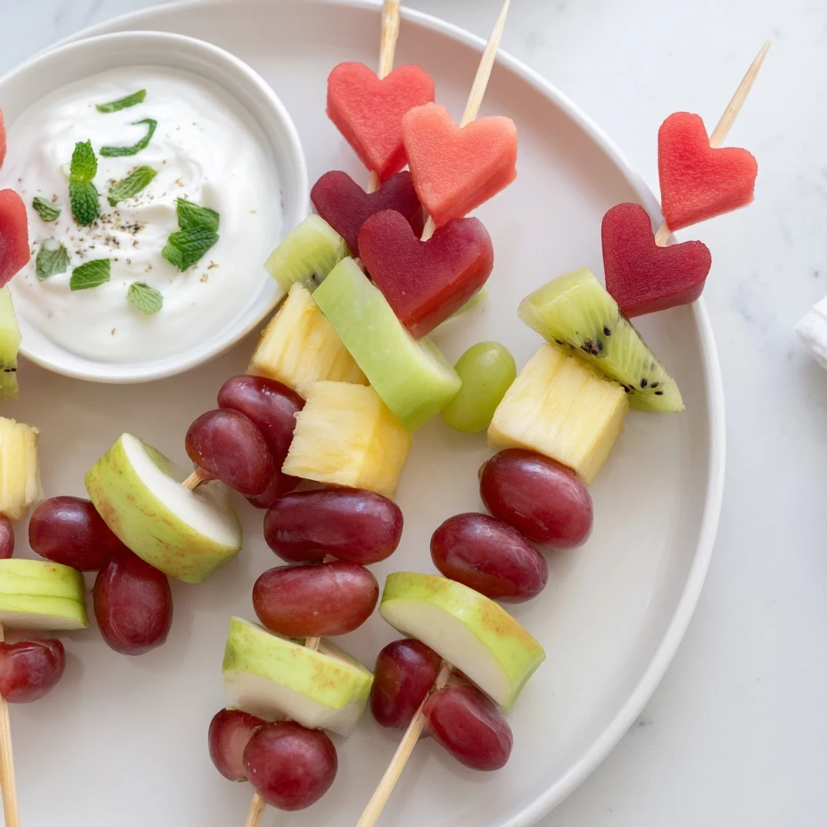 Vibrant mixed fruit heart-shaped skewers with a luscious honey-kissed yogurt dip, garnished with mint for a refreshing and sweet treat.