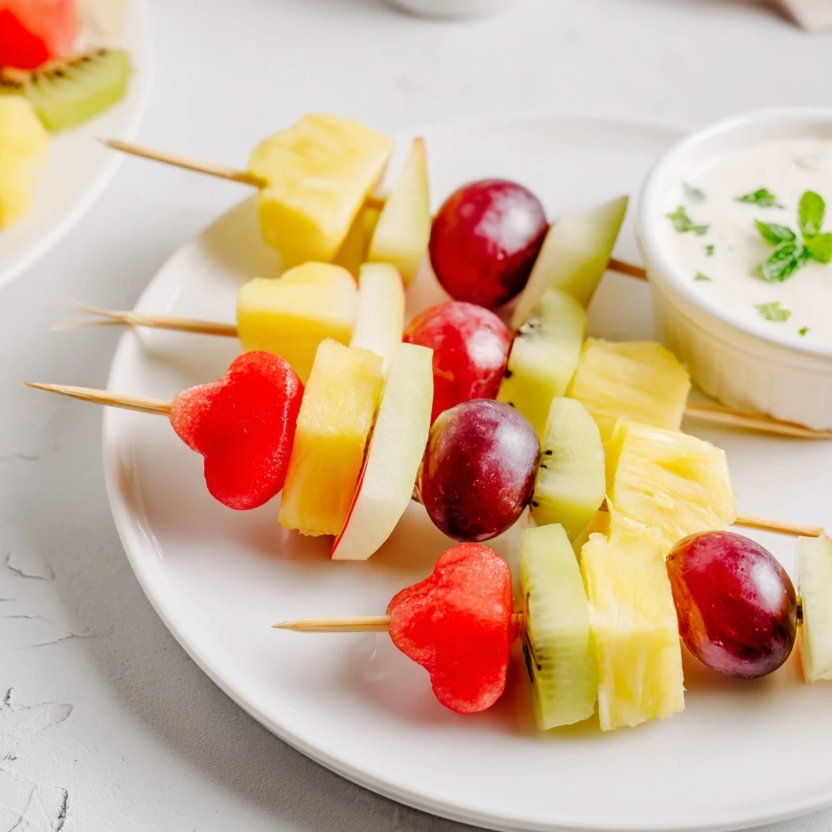 Bright pineapple and kiwi heart fruit skewers served alongside a smooth Greek yogurt dip, ready for a festive picnic or dessert platter.