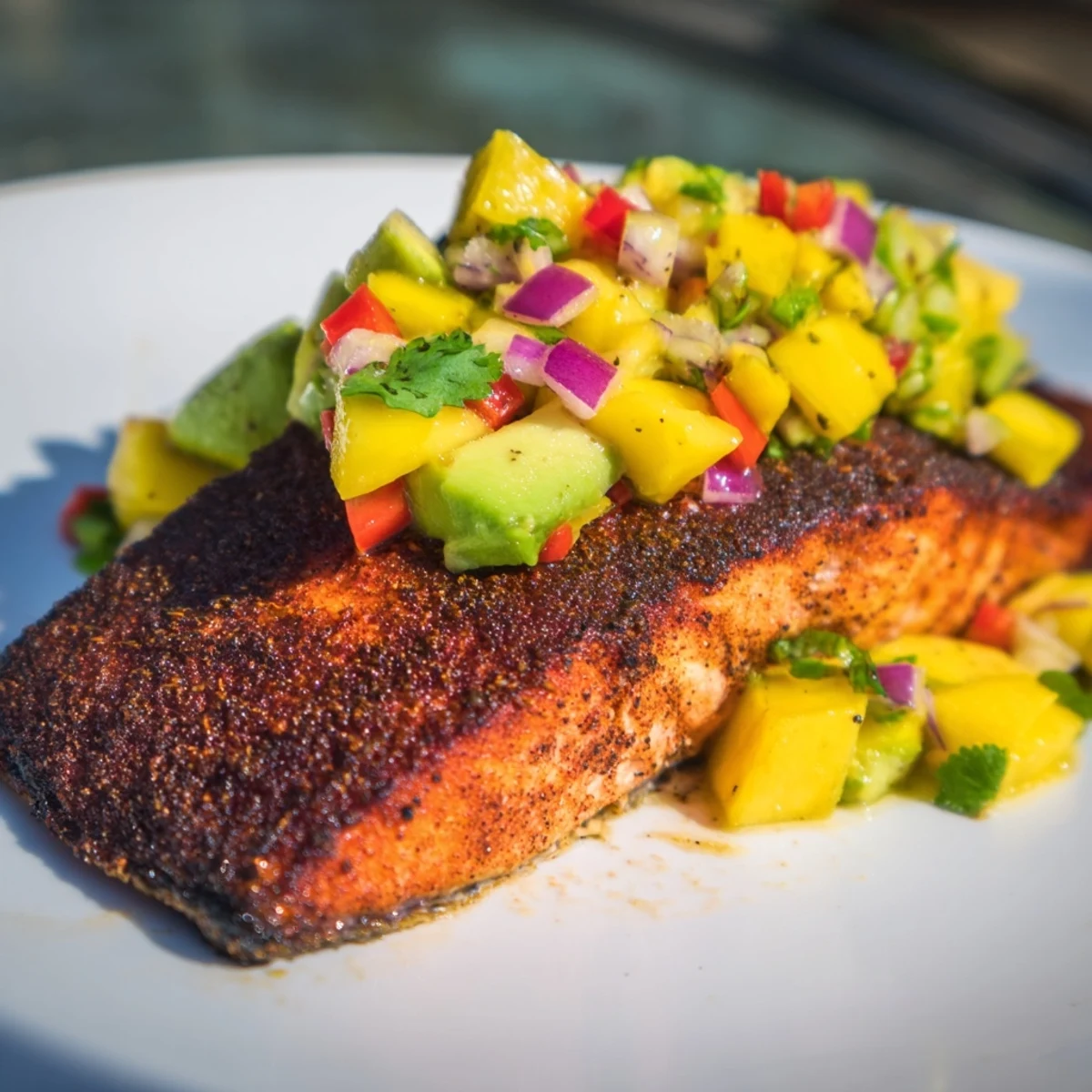 A close-up of Blackened Salmon with Mango Avocado Salsa, showcasing a dark, spicy crust on the fillet topped with bright, chunky salsa of diced mango and creamy avocado.
