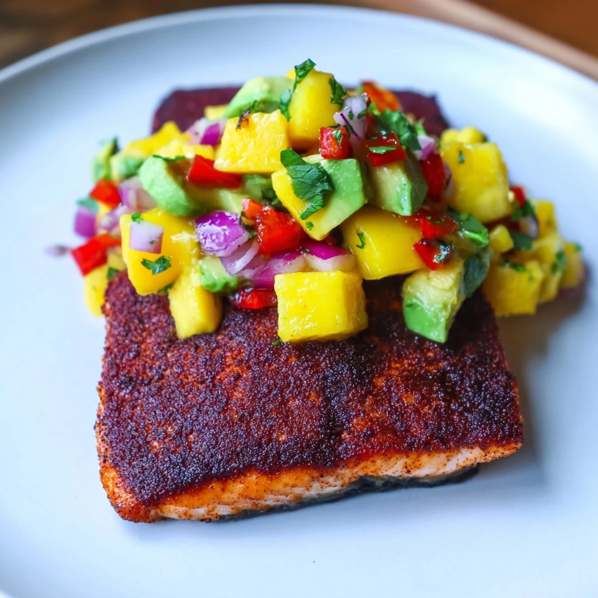 Blackened Salmon with Mango Avocado Salsa plated on a rustic white plate, flanked by lime wedges and fresh cilantro, ready to be served for a healthy dinner.