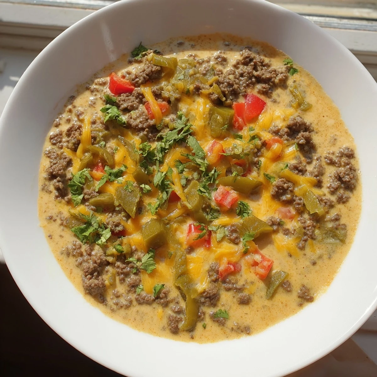 A close-up of rich, creamy beef queso dip in a rustic bowl, topped with fresh cilantro and served with golden tortilla chips for dipping.  