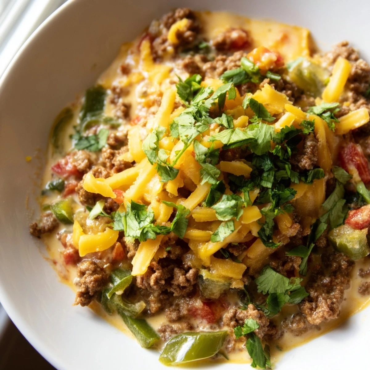 A warm bowl of beef queso dip garnished with cilantro, surrounded by crisp tortilla chips on a festive table.