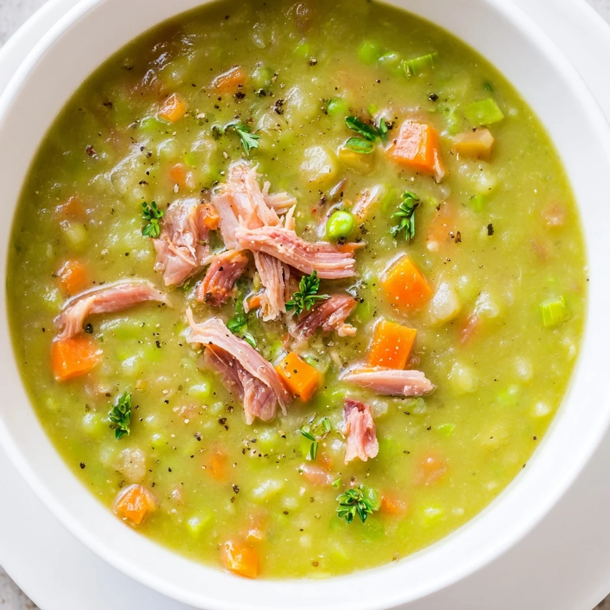 Hearty Green Split Pea Soup with Smoked Turkey Leg simmering in a pot, featuring tender peas and aromatic herbs.