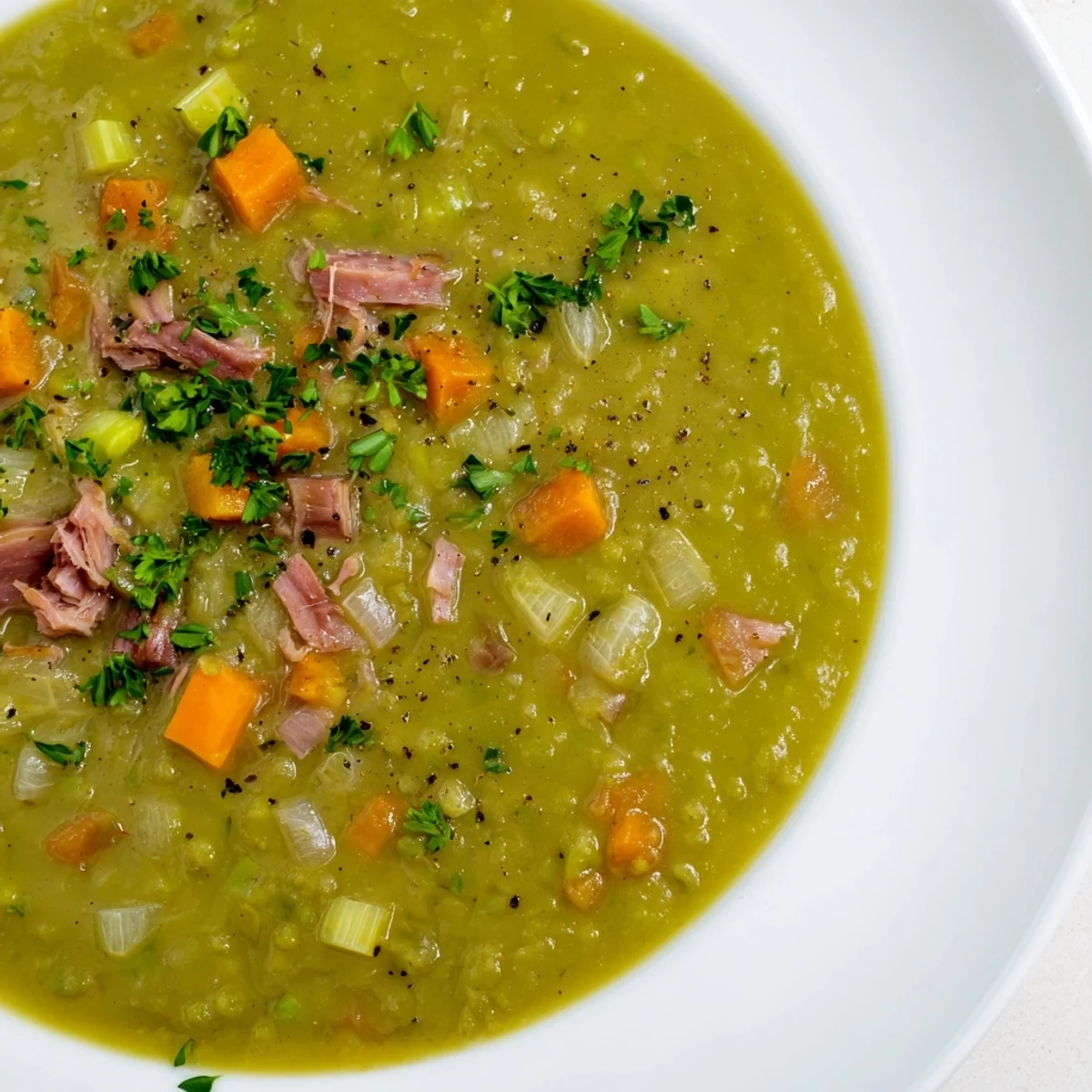 A hearty bowl of Green Split Pea Soup with Smoked Turkey Leg, garnished with fresh parsley and served steaming hot.